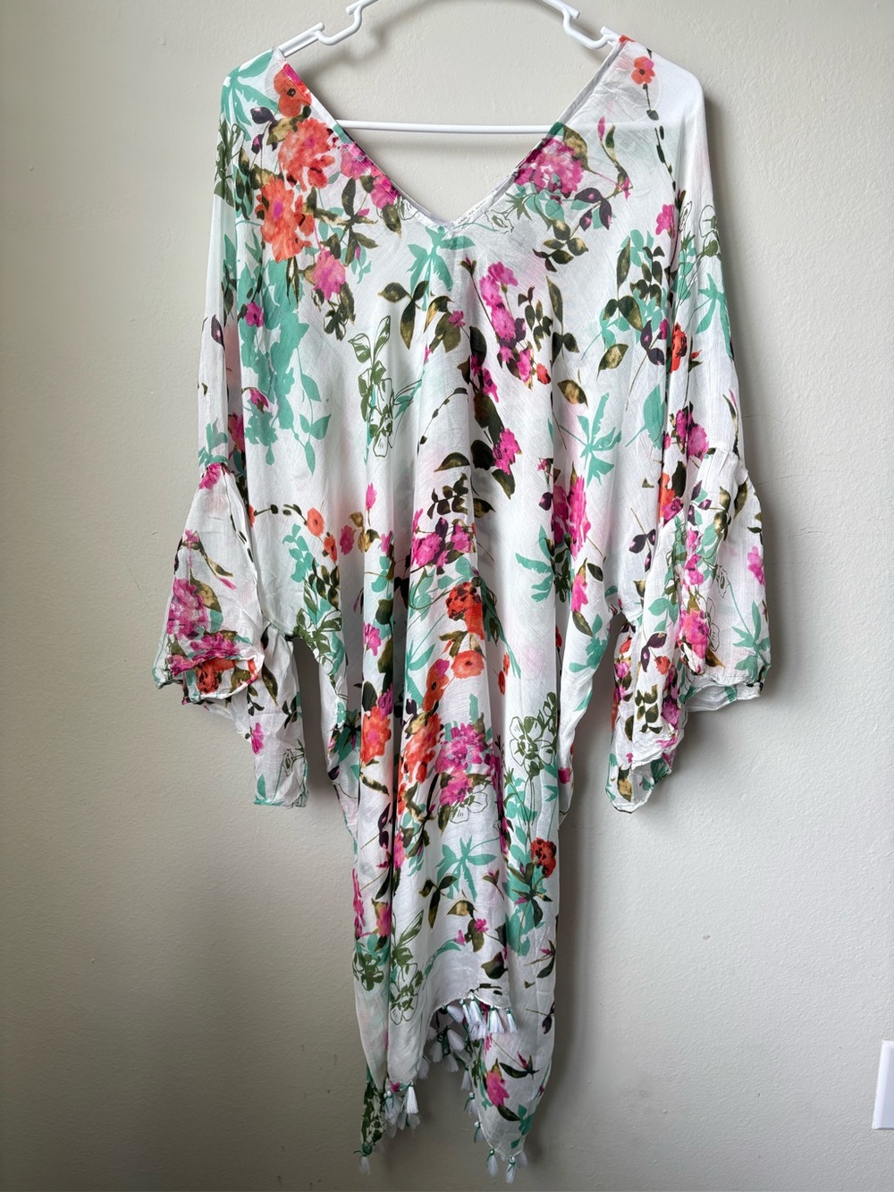 Pool to Party Floral Tassel Trim V-Neck Blouse Top White Pink One Size Boho